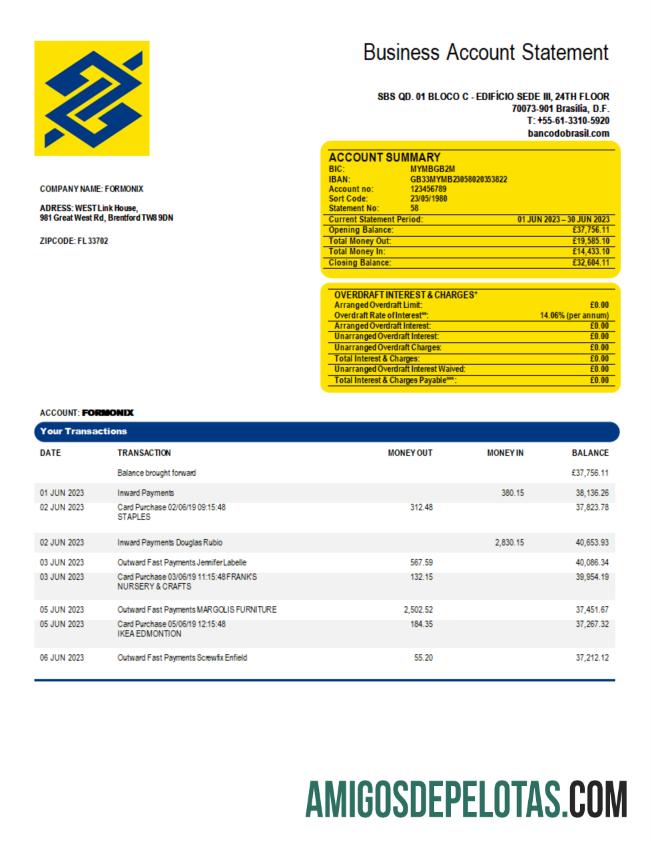 Em branco Banco Do Brasil Extrato de Conta da Organização Bancária Modelo Word e PDF